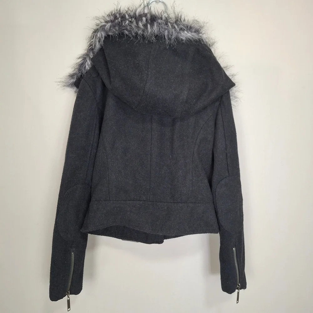 JouJou Girls Charcoal Grey‎ Faux Fur Hooded Moto Jacket Size Medium 10 12